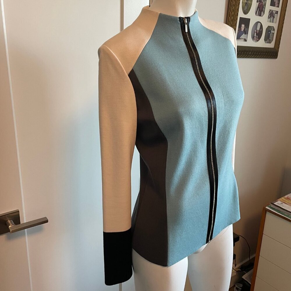 St. John Colorblock Full Zip Wool Rayon Knit Cardigan Blue Cream Grey Blk Sz 4 - Picture 4 of 12